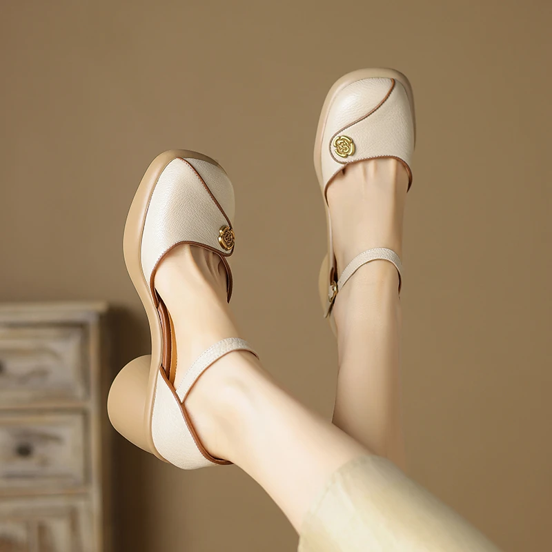 羊皮/5-7cm/百搭夏季真皮时尚法式粗跟方头中跟一字带凉鞋女复古