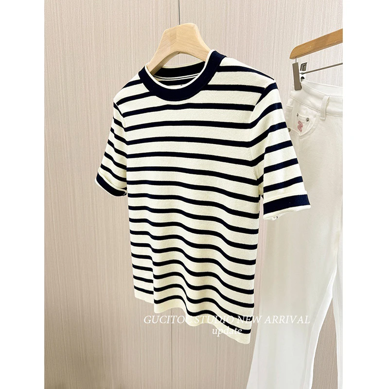 轻奢慵懒！撞色条纹精纺中袖针织T恤女