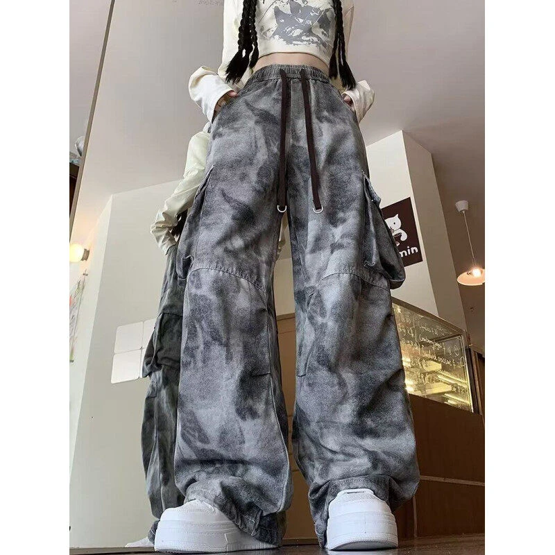 扎染大口袋工装裤男春秋潮流美式复古高街hiphop裤子垂感直筒阔腿