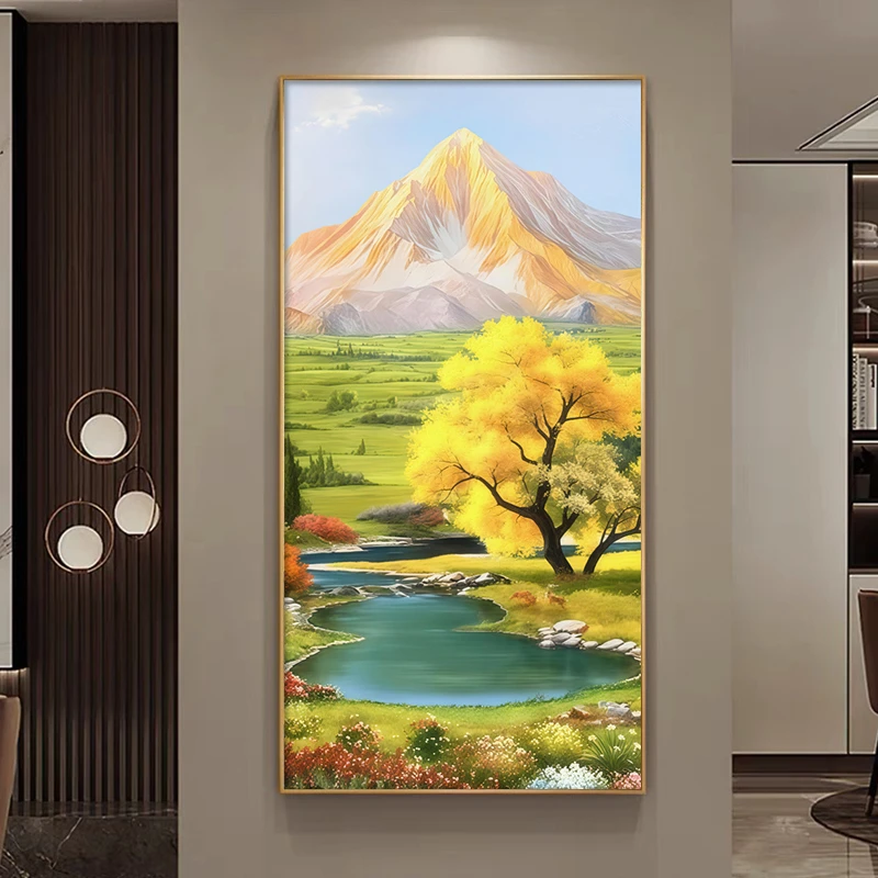聚宝盆入户玄关装饰画轻奢高档山水风景画正对门壁画走廊过道挂画
