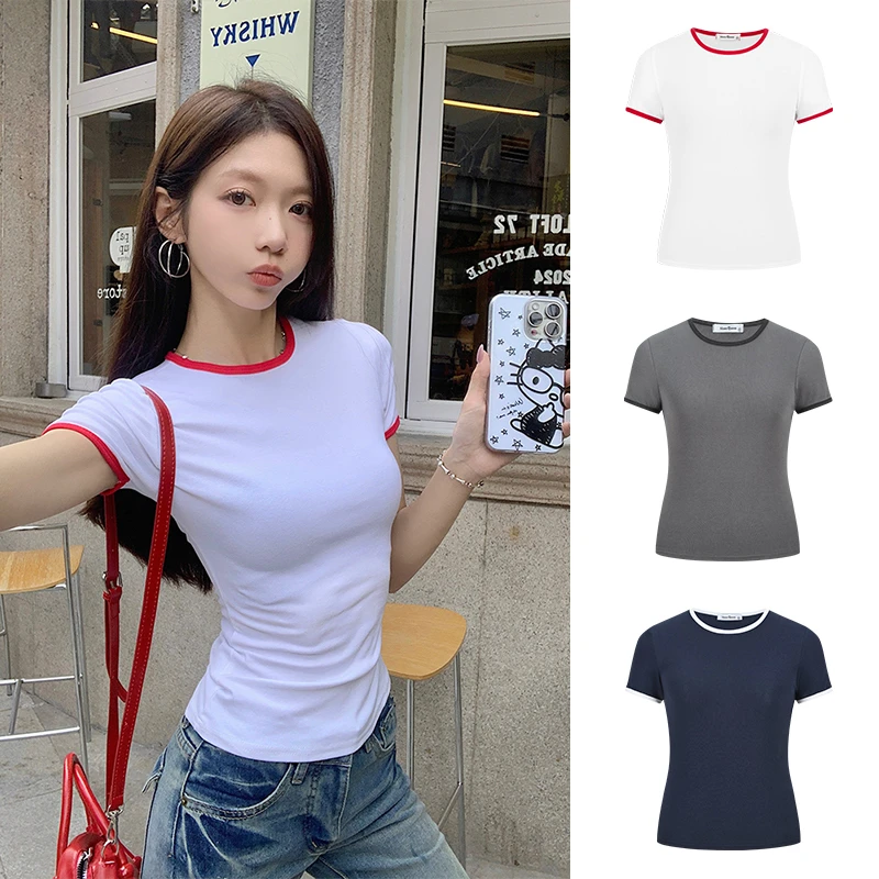 Moses Queen/魔西女王撞色修身显瘦短袖T恤夏季时髦正肩百搭上衣