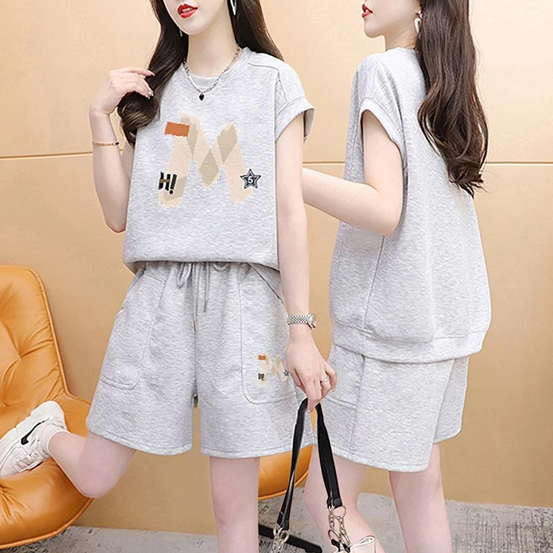 纯棉休闲运动套装女夏季2025新款胖mm宽松百搭短袖t恤+短裤两件套