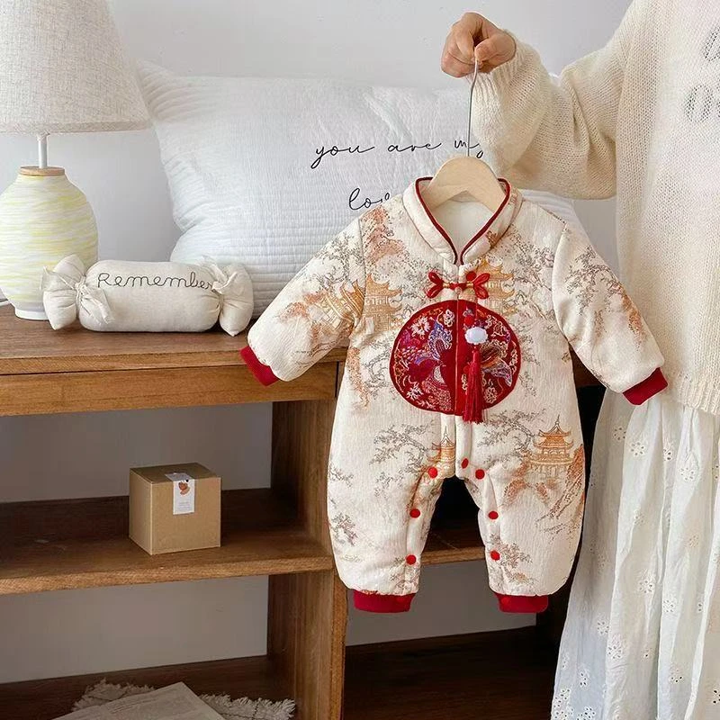 秋冬新中式国风福利园山水画宝宝必备加绒加棉哈衣