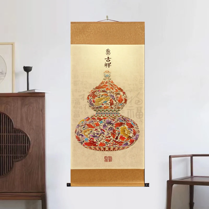 《百福珐琅葫芦》大气背景墙竖幅送礼国风特色靠山风景装饰画艺术D8