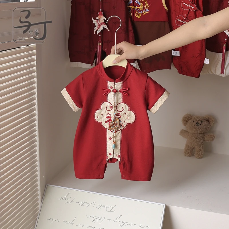 百天婴儿衣服夏装连体衣满月宝宝夏季红色国风抓周岁礼服外出哈衣