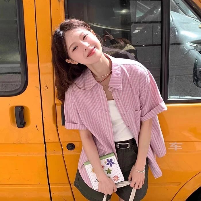 韩版粉色条纹短袖衬衫上衣女2025年夏季新款宽松显瘦百搭休闲衬衣