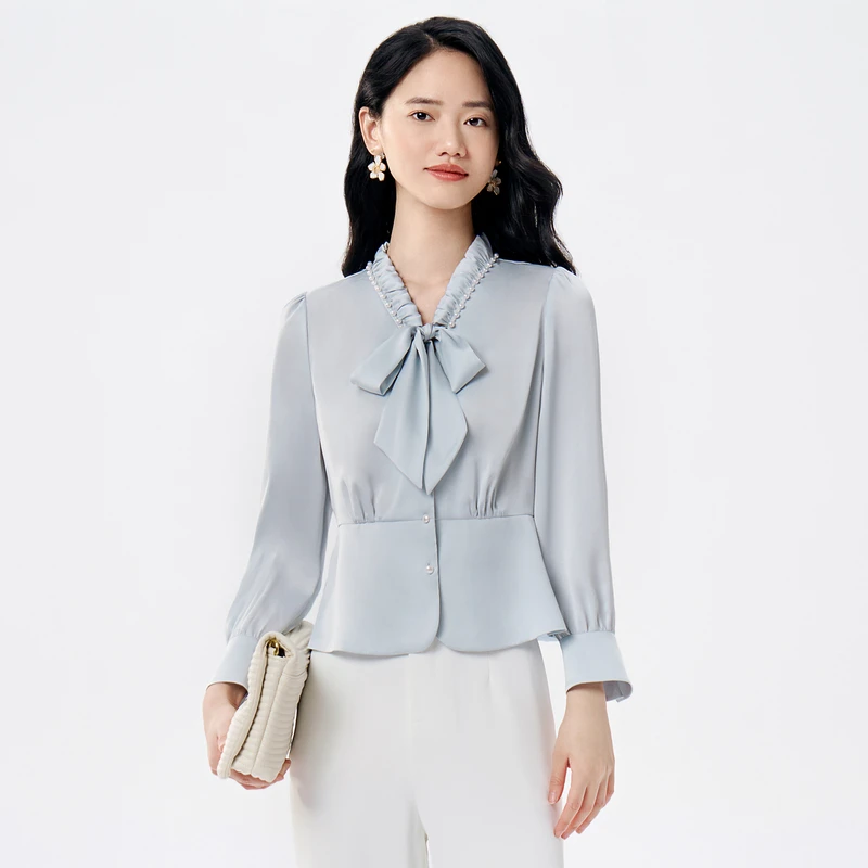 BuouBuou新款洋气百搭女装荷叶边飘带衬衫上衣女DLBA039