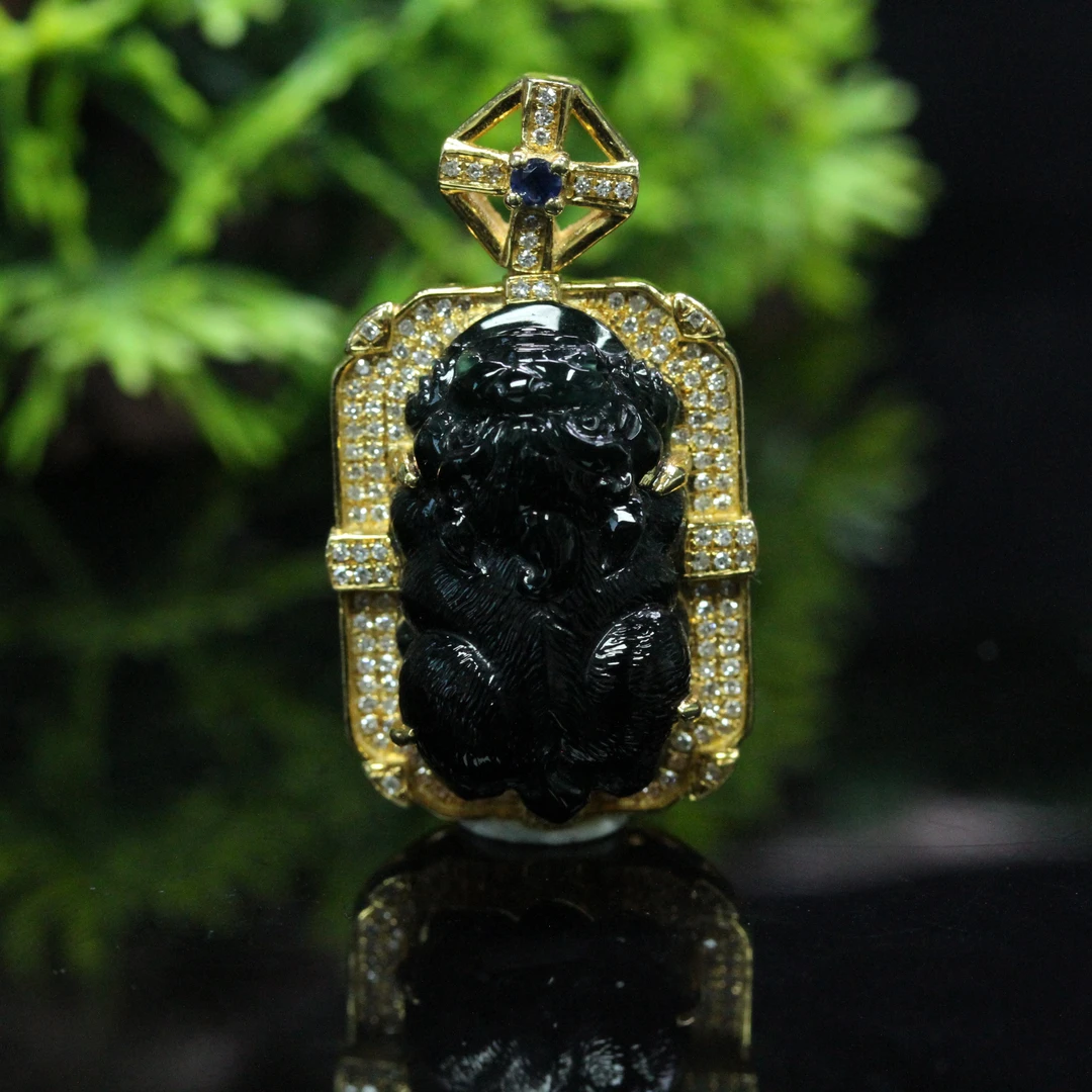 41天然缅甸翡翠A货18K金镶墨翠旺财守业貔貅吊坠/01026014/拍卖