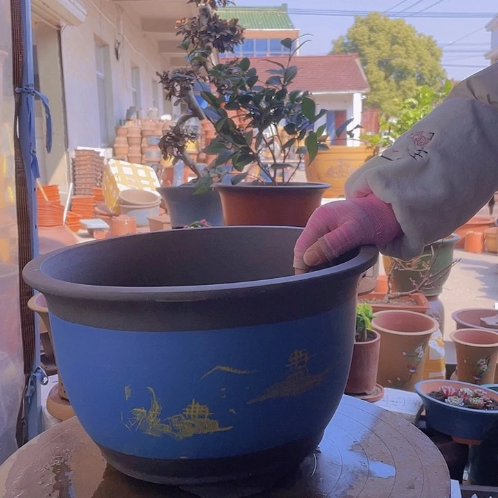紫砂锚*宜兴紫砂花盆蓝山水36