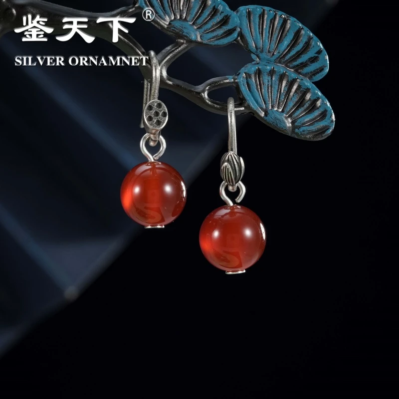 复古10mm红玛瑙圆珠莲蓬银耳饰07220267