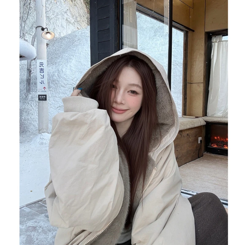 双面穿加厚棉服外套女2025冬装宽松保暖加绒夹克连帽棉衣派克服