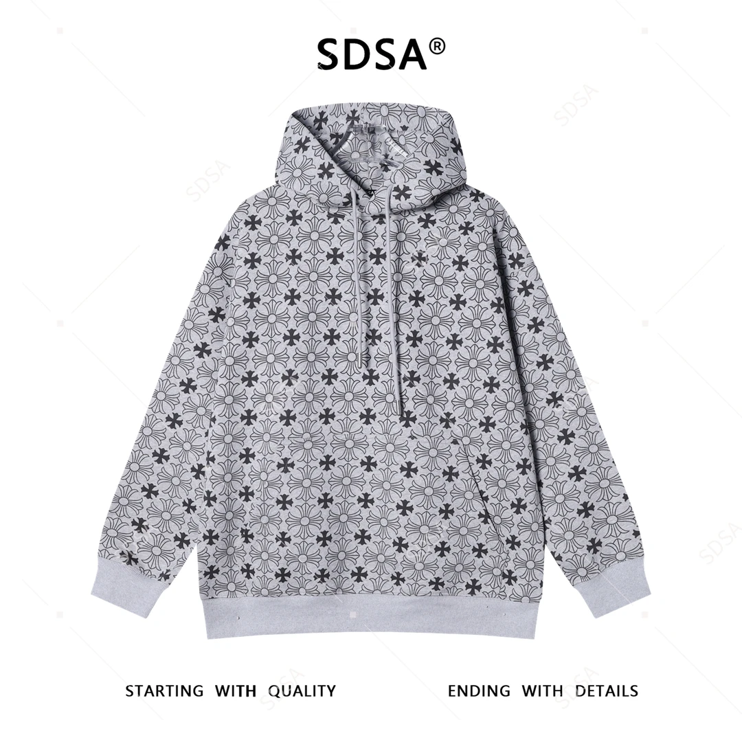 SDSA男士秋冬新款痞帅男装美式撞色满印十字印花连帽卫衣百搭上衣
