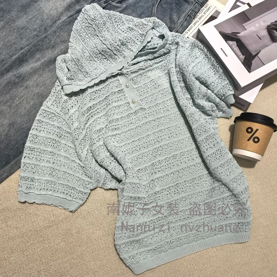 南妮子女装上衣女夏季短袖透气休闲宽松连帽防晒针织衫DZG0831
