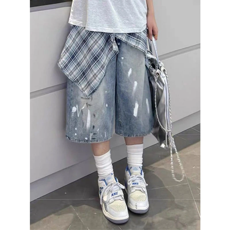 300斤特大码女装美式复古设计感泼墨牛仔裤女胖MM高腰遮肉七分裤