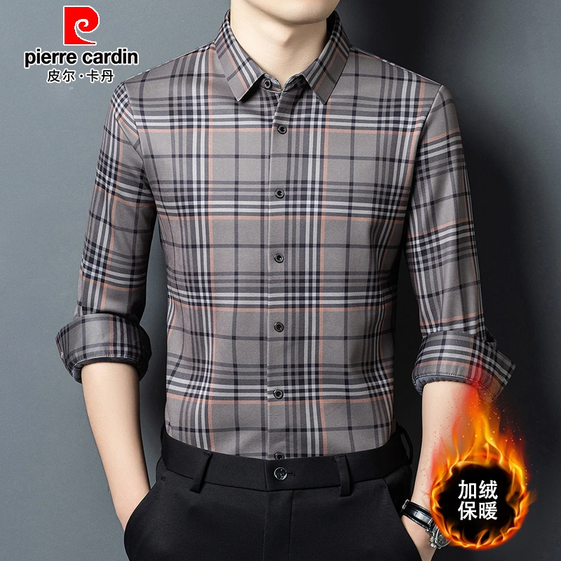 皮尔卡丹加绒加厚保暖衬衣男士秋冬新款休闲时尚格子高端打底衬衫