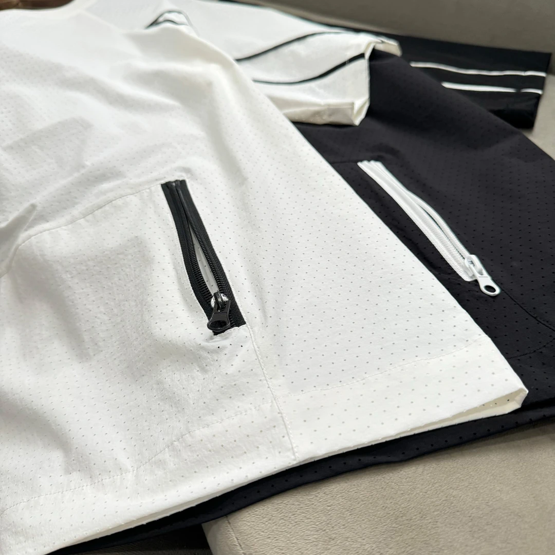 夏季拼接结构线设计感时尚圆领T恤男士镂空休闲透气潮流百搭上衣