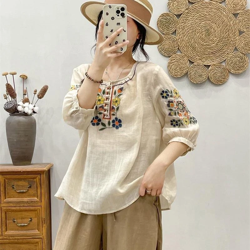 【现货+运费险】民族重工棉麻复古文艺V领宽松七分袖百搭上衣Y948