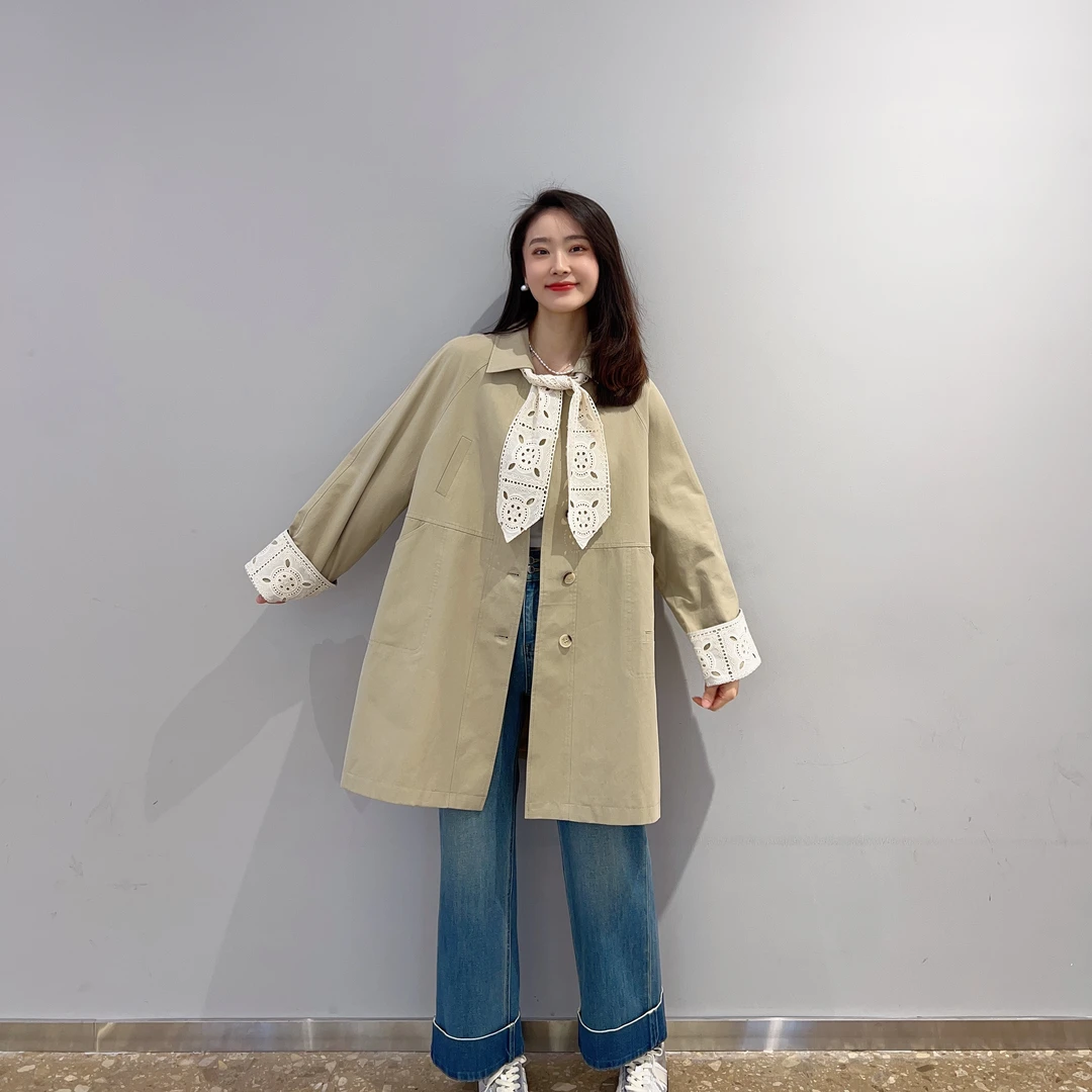春装新款女装蕾丝翻边袖风衣韩版气质休闲中长款风衣上衣外套5A43