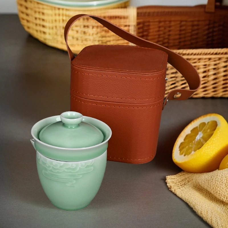 精品青瓷祥云旅行茶具套装功夫泡茶具陶瓷便携式户外茶具小套装