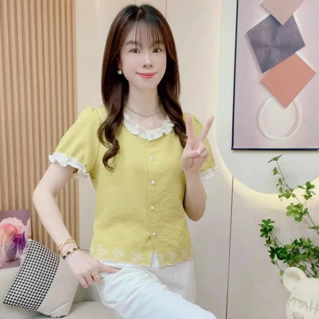 时尚衬衫女2025夏季新款洋气显瘦减龄设计感刺绣拼接花边短袖上衣