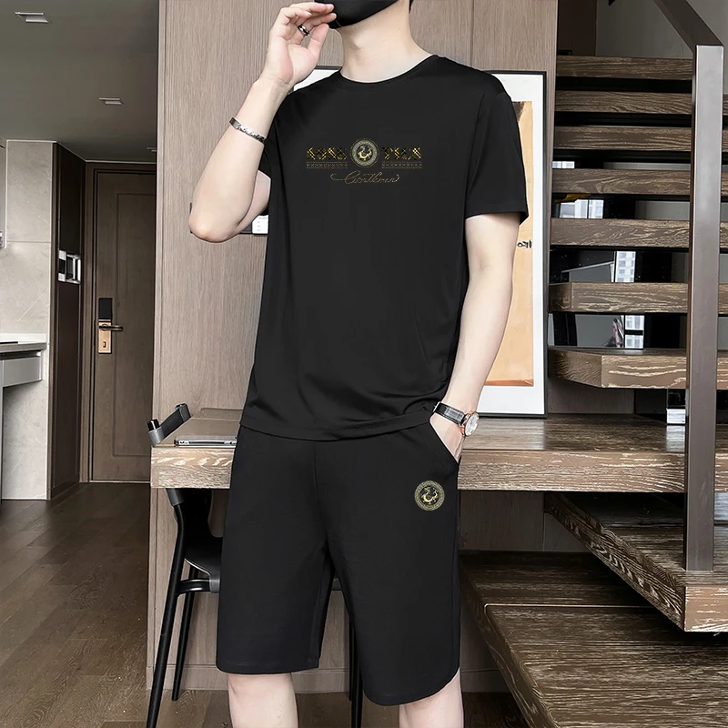 夏季男士短裤套装户外新款休闲透气宽松薄款短袖冰丝凉感圆领T恤