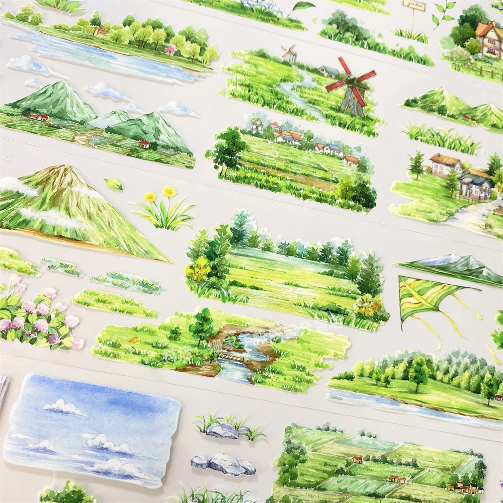 259手帐分装胶带春野景物志田园山PET古风素材账流麻贴纸咕卡diy