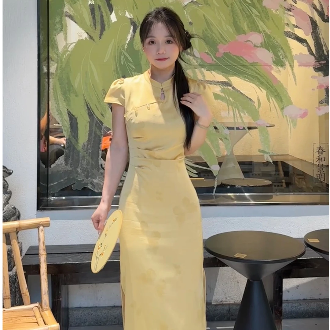 【KNJ小个子】新中式蝴蝶印花改良旗袍缎面压褶收腰开衩旗袍连衣裙