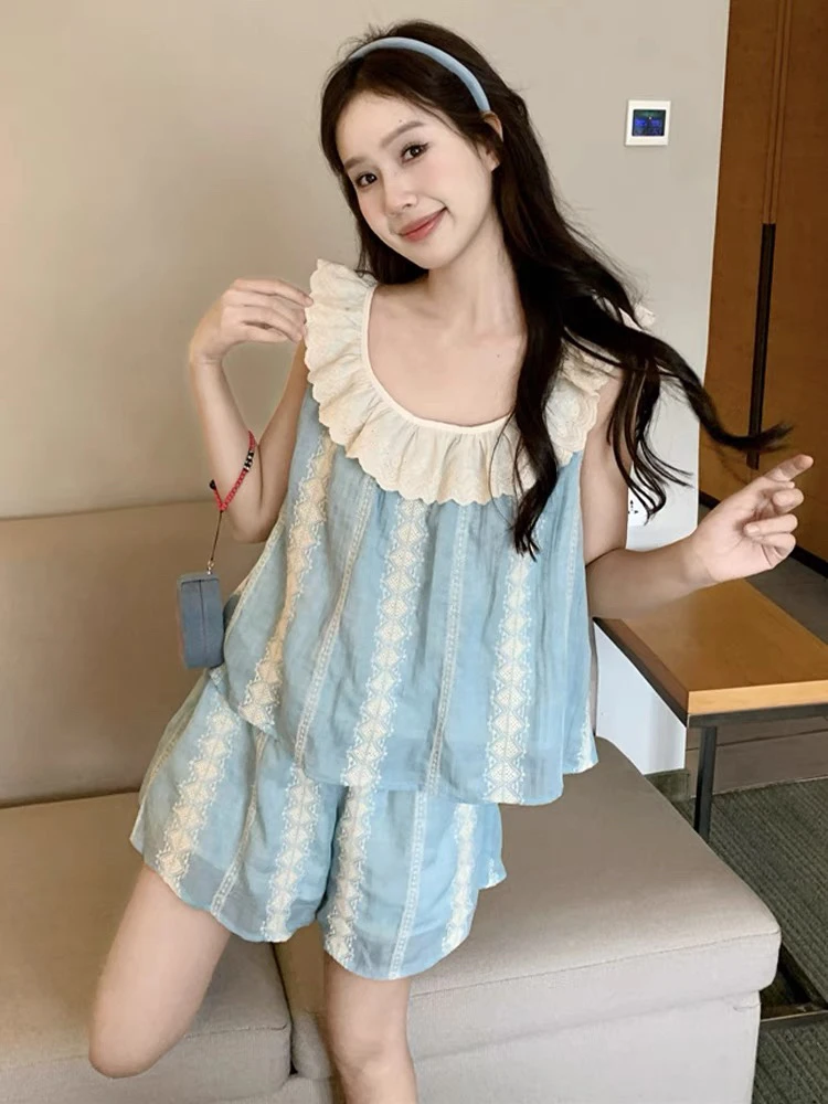 【蓝风铃】夏季棉吊带睡衣套装家居服纯欲女可外穿显瘦