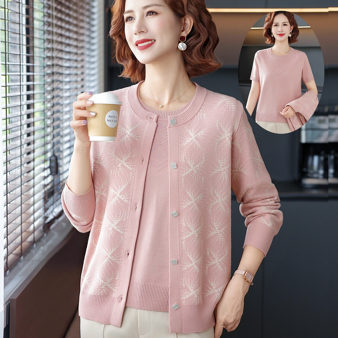 2025新款妈妈秋装针织开衫外套中老年女装春秋薄款上衣服两件套装