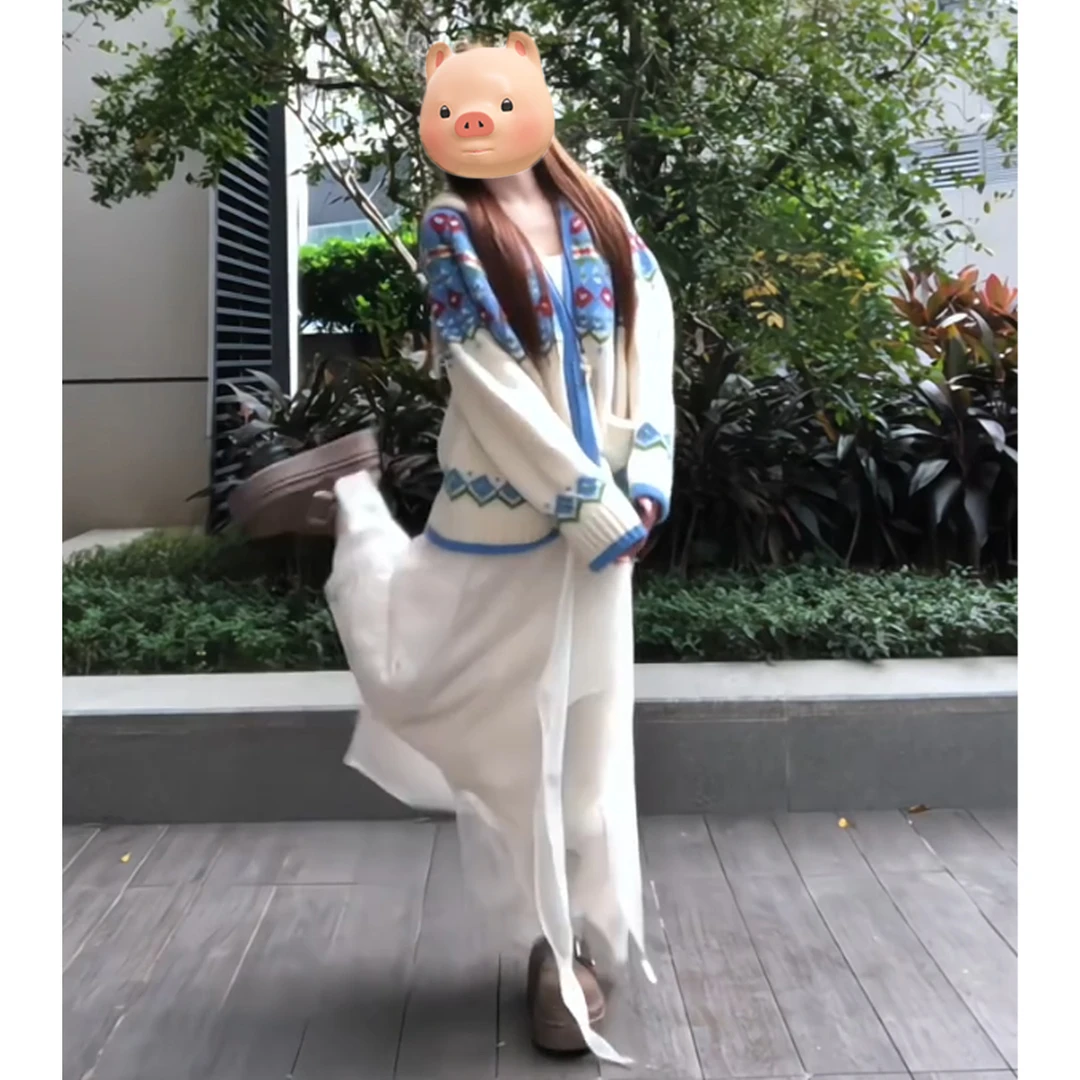 复古费尔岛提花拉链连帽毛衣外套女秋冬季加厚宽松慵懒风针织开衫