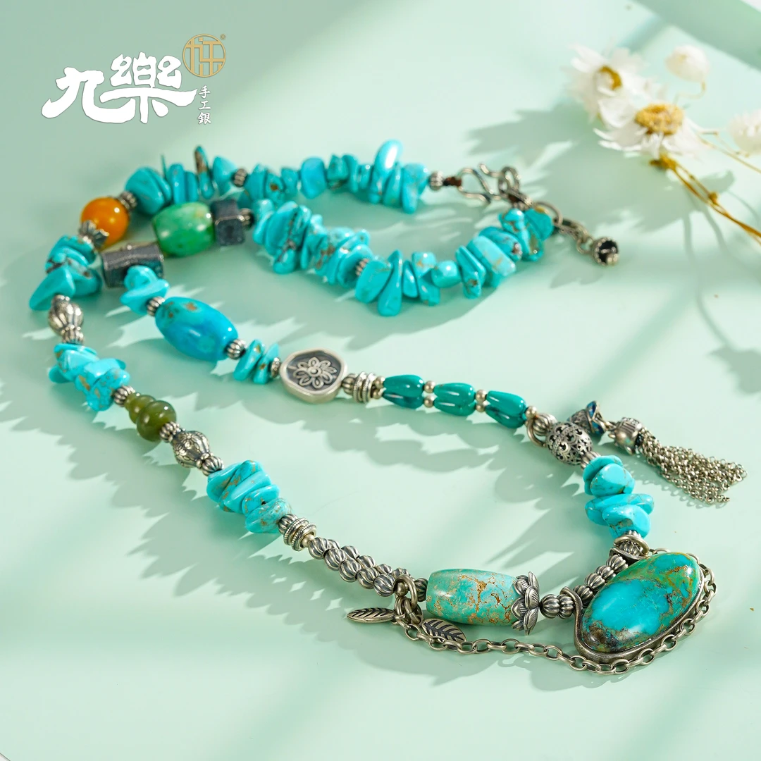九乐不规则绿松葫芦流苏项链