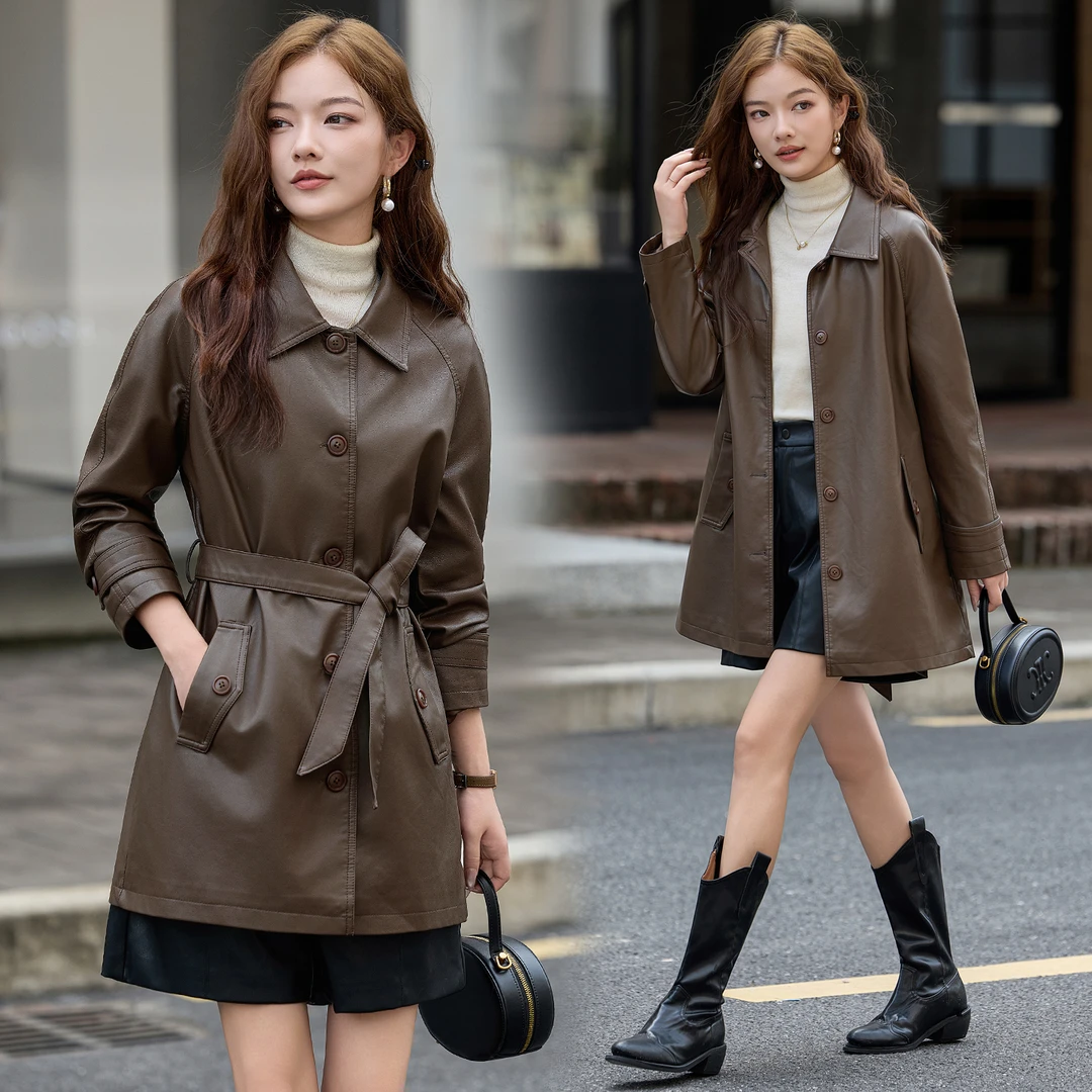 2025秋冬春款厚款口袋翻领朋克风长款系带皮衣时尚修身女士中长款