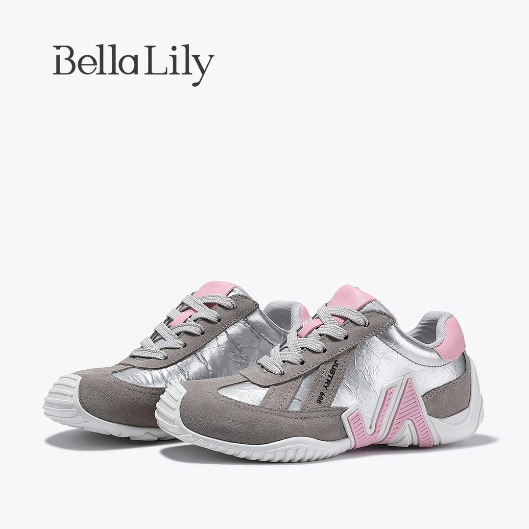 BellaLily2025秋季新款时尚牛皮运动休闲鞋女厚底银色德训鞋潮鞋