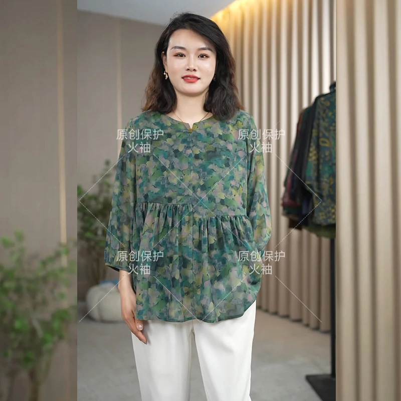 火袖F780七分袖上衣女春季新款半开领印花宽松显瘦大码中老年小衫