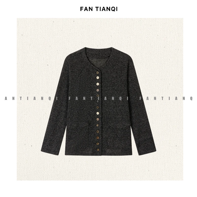 范天奇/FAN TIANQI【温火扣】花纱纽扣针织无领开衫外套FZSWT57050