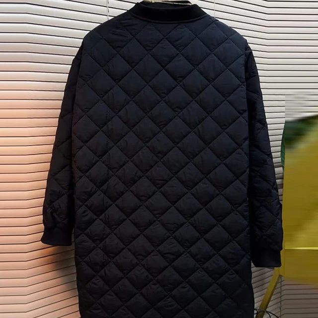 大码女装V领菱形格长袖开衫夹棉外套胖MM冬季款显瘦黑色轻薄棉服