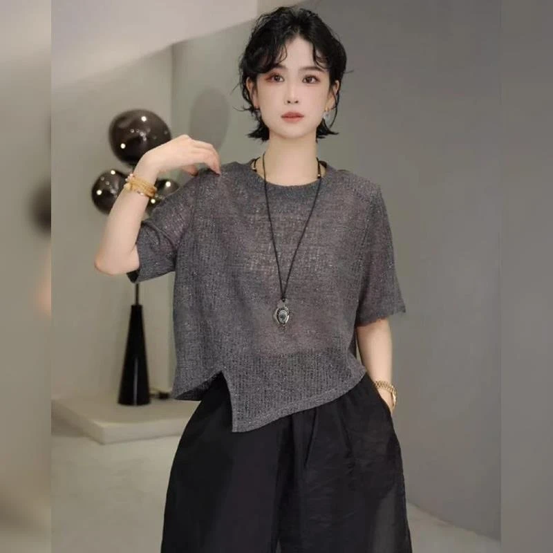 “星河T”2025夏季时尚圆领肌内带垫肩亮闪闪设计百搭T恤不规则上衣