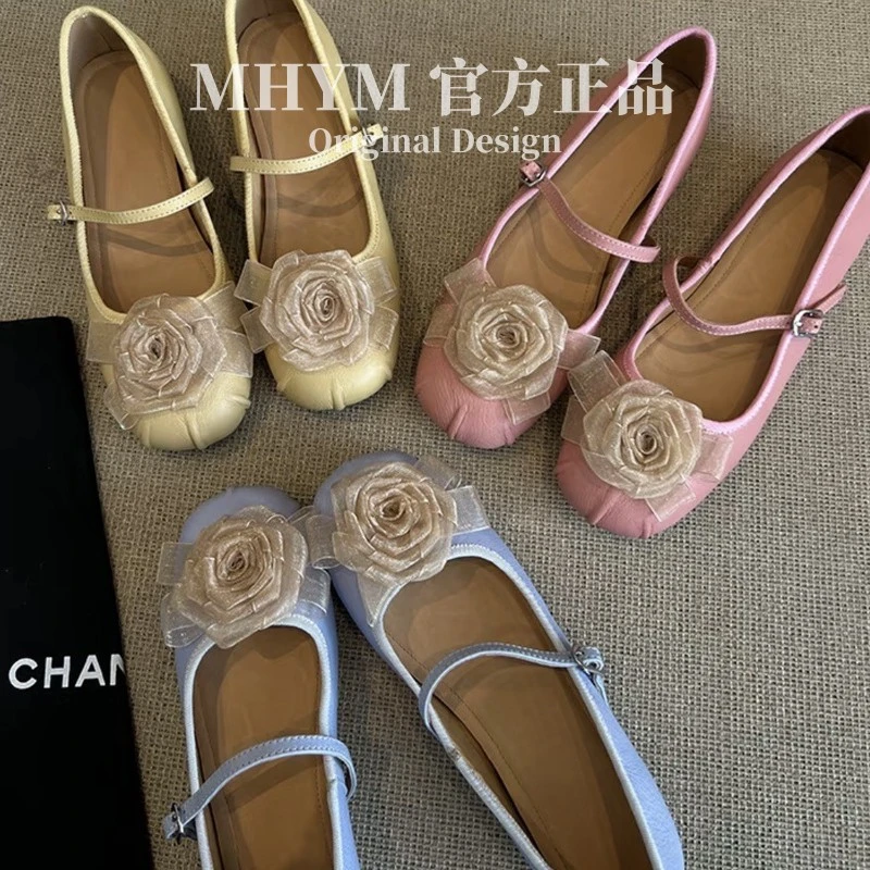 2025款春季新款花朵浅口玛丽珍鞋粗跟一字带法式仙女风单鞋女方头