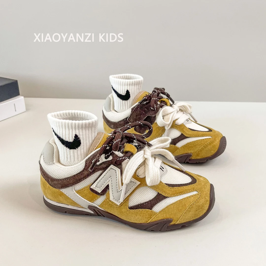 新款真皮黄色老爹鞋儿童2025秋季女童软底运动鞋男童跑步鞋休闲鞋