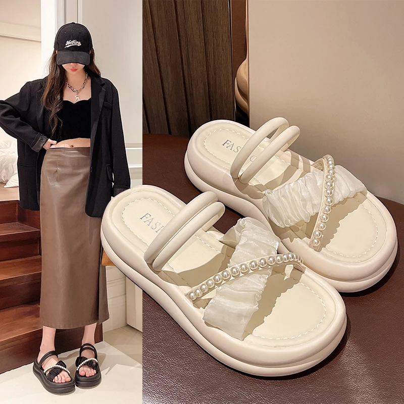 【简洛诗】小个子厚底拖鞋女外穿沙滩鞋2025夏季新款仙女珍珠凉拖鞋