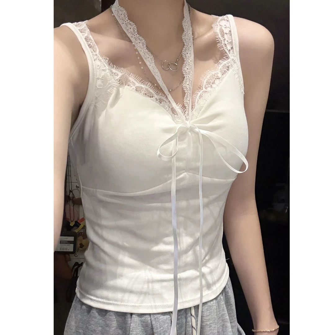 纯欲辣妹蕾丝挂脖吊带背心女带胸垫上衣显瘦外穿内搭打底衫