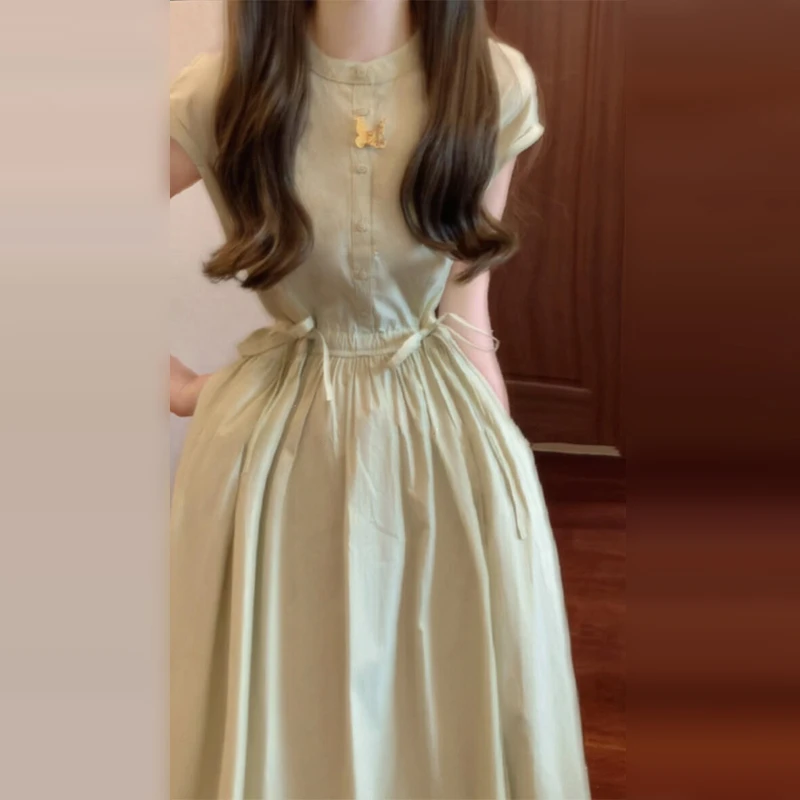 盐系复古绿色坎肩衬衫连衣裙女夏季新款休闲收腰显瘦绝美a字裙子