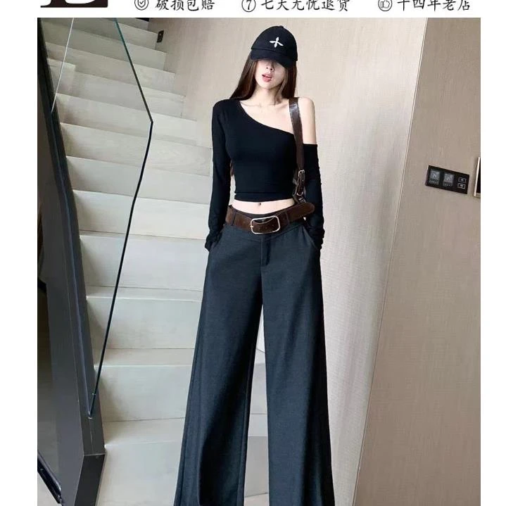 1758阔腿裤女秋季设计感高腰时尚百搭垂坠感拖地直筒裤（裤长102）