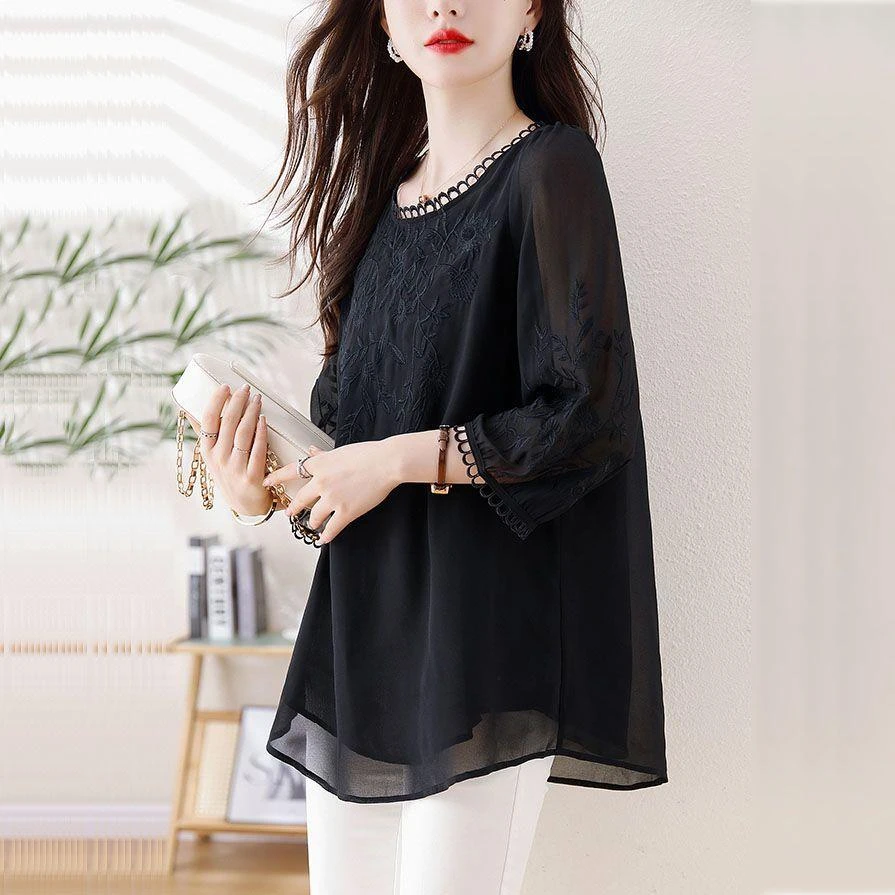 宽松遮肚子雪纺衫夏季大码女装胖mm七分袖小衫绣花上衣减龄200斤