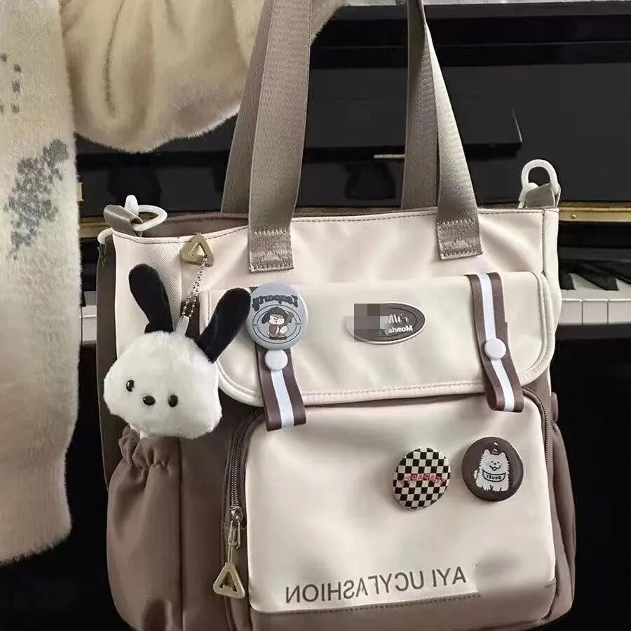 女包日系撞色学生斜挎布包初中生手提补习袋校园单肩托特包包