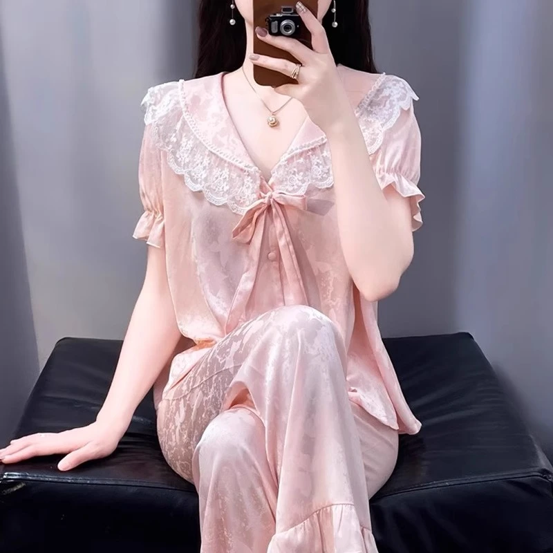 tpvl轻奢法式甜美睡衣女夏季短袖长裤蕾丝边粉色宫廷风家居服