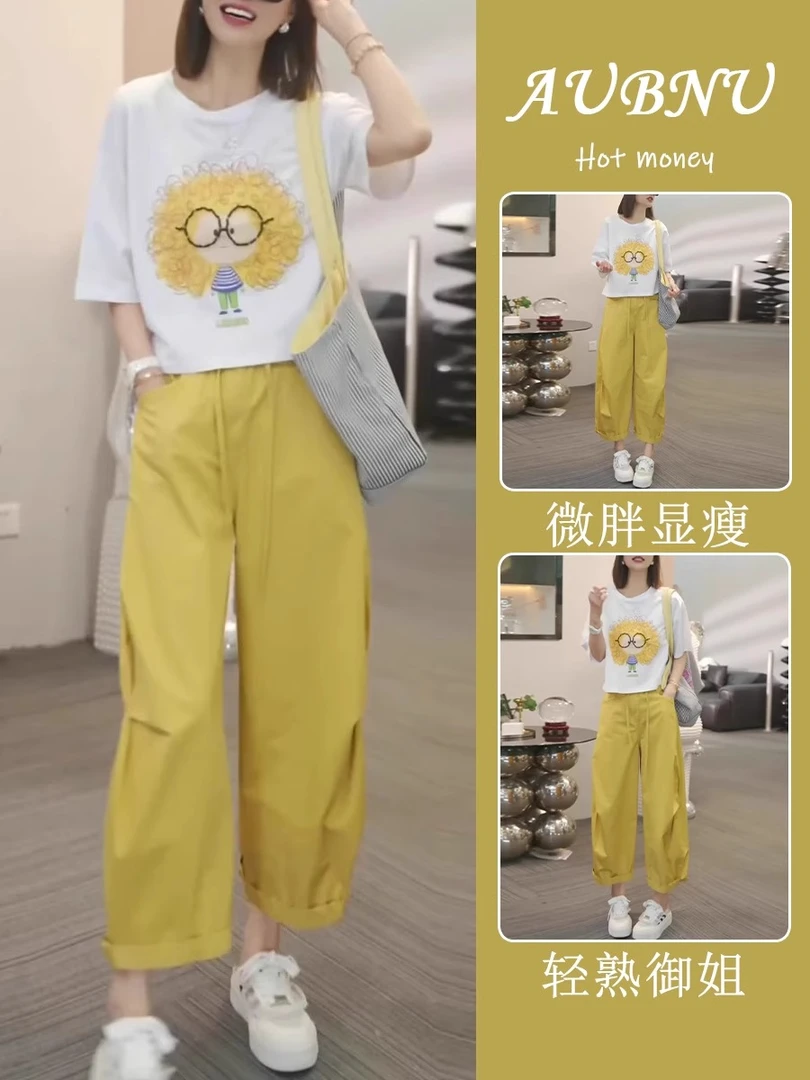 时尚休闲运动套装女夏季2025新款洋气减龄印花短袖T恤两件套裤子