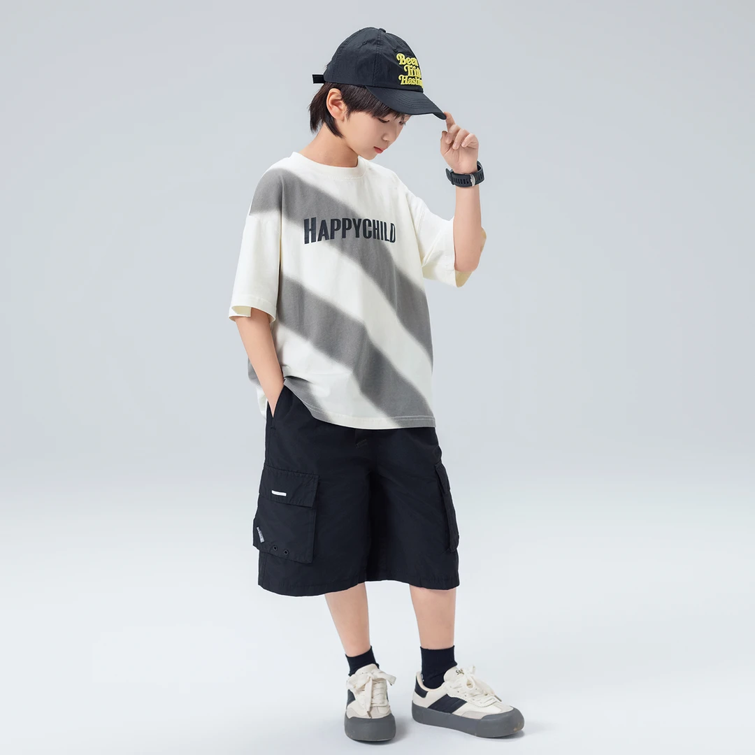 儿童短袖套装男童夏2025新款中大童装帅气时髦条纹t恤短裤两件套