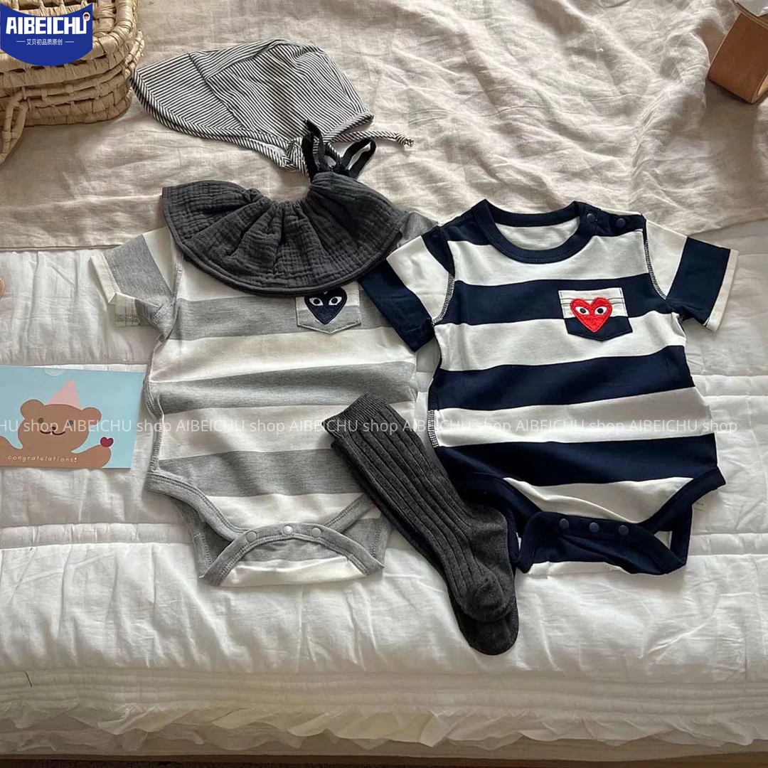 新生婴儿包屁衣夏季纯棉透气条纹三角爬服宝宝短袖套头连体哈衣服