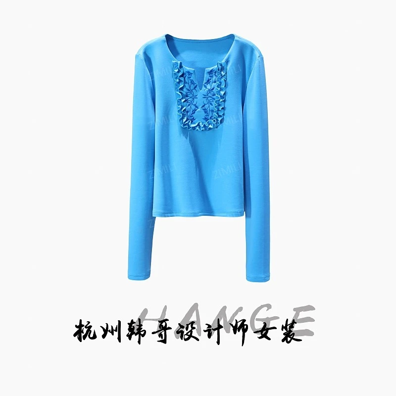 【韩哥欧货女装】冬季热感天丝《花丛》湖蓝高弹显瘦打底上衣26160-C2